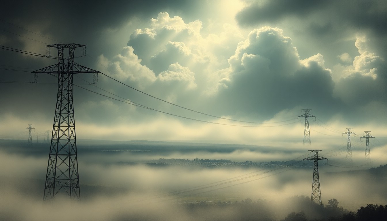 A vast, atmospheric landscape painting in muted tones of gray, blue, and white, depicting a desolate cityscape with towering electrical transmission towers silhouetted against a turbulent, stormy sky, conveying the overwhelming power of nature and the fragility of human infrastructure.