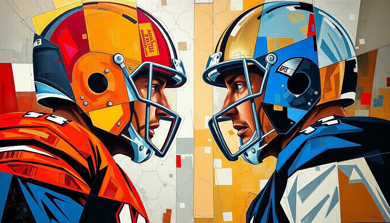 A cubist-style painting depicting an abstract, fragmented scene of an NFL quarterback and coach engaged in a confrontation, with sharp geometric shapes and planes of color representing the tension and conflict between the two figures.