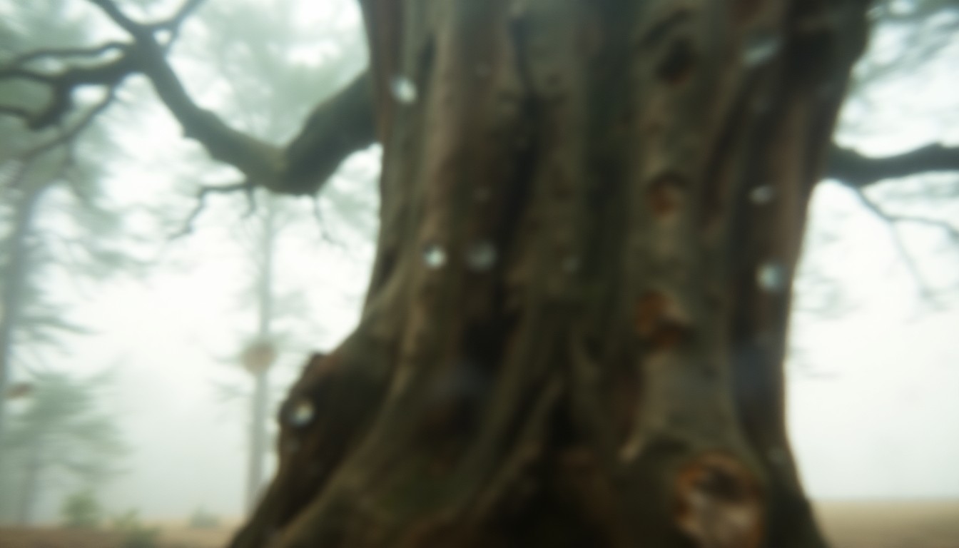 An abstract, impressionistic photograph of a towering petrified tree trunk surrounded by a hazy, dreamlike landscape, conceptually representing the geological history and natural beauty of the Dry Creek Petrified Tree site.