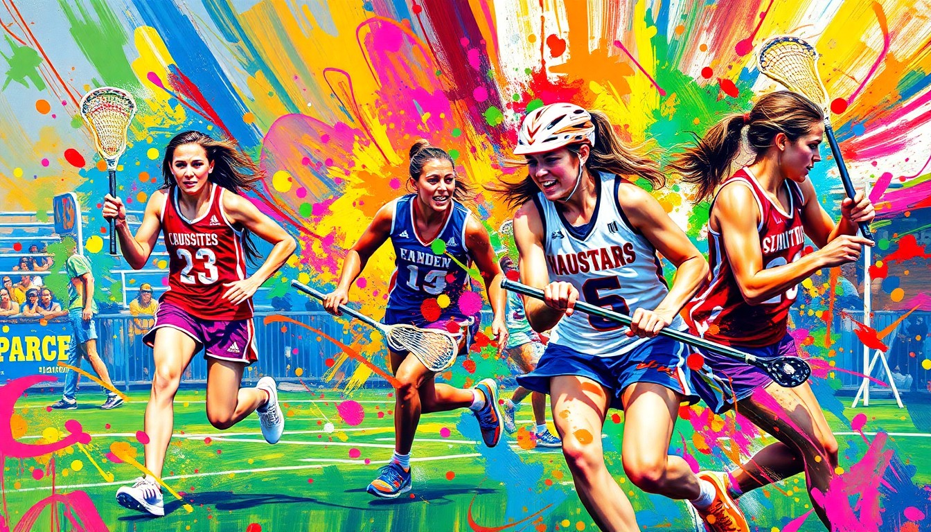 An abstract, energetic painting in neon colors depicting the dynamic motion and intensity of a girls lacrosse game, with players' forms dissolving into expressive brushstrokes.