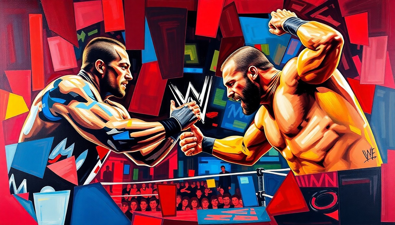 A fractured, cubist-style painting depicting the dynamic energy and tension of a WWE wrestling match or competition, with the figures of Pat McAfee and Randy Orton broken down into sharp, overlapping geometric shapes and planes of vibrant red, blue, and yellow colors.