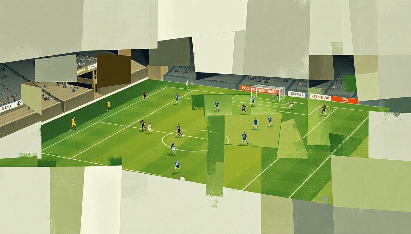 A fractured, geometric painting in muted earth tones, with overlapping planes and shapes representing the complex dynamics of a soccer match or competition, conceptually illustrating the divisive debate around Tottenham Hotspur's managerial situation.