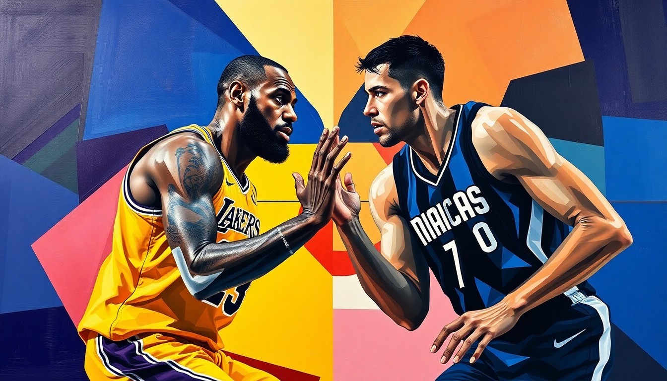 A cubist, geometric painting depicting the basketball game between LeBron James and Luka Doncic, with their forms and movements broken down into sharp, overlapping planes of color.