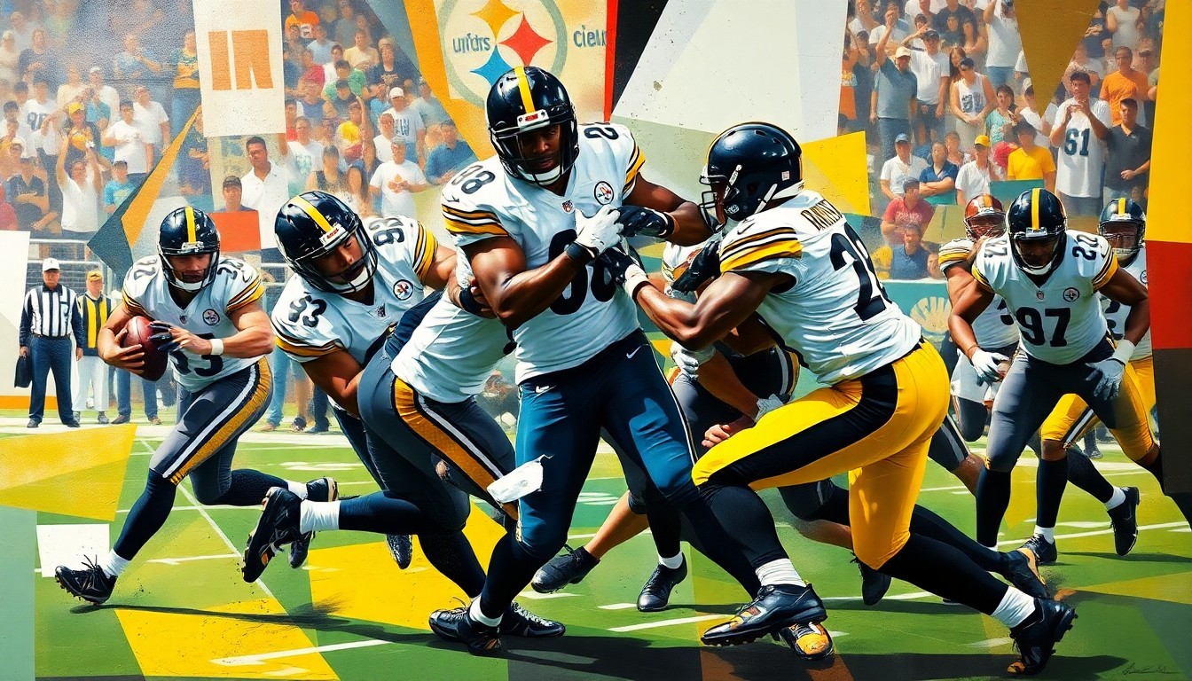 A cubist, geometric painting depicting the abstract movement and energy of a Steelers defensive play, with Jalen Ramsey's form fractured and deconstructed into overlapping planes of color and shape.