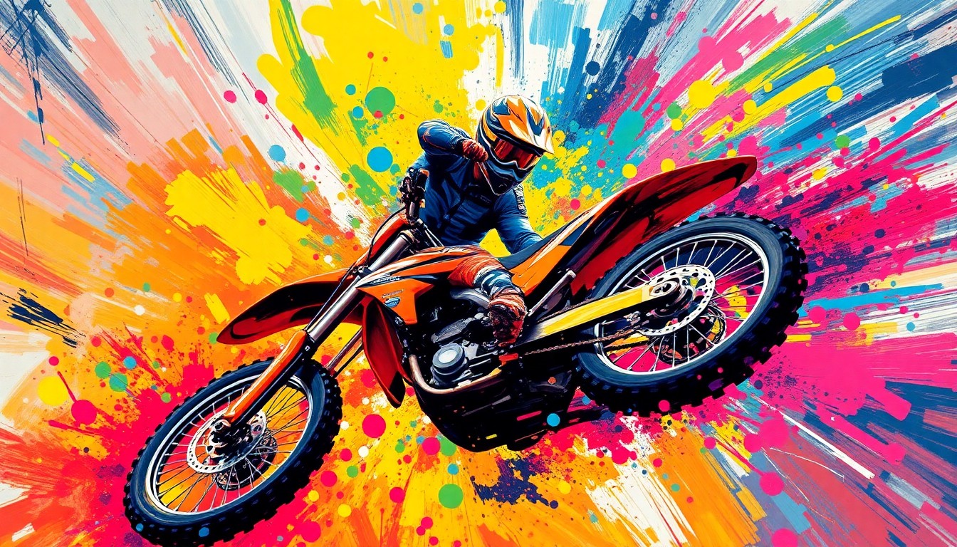 An abstract, expressionist painting featuring a motocross rider mid-jump, with vibrant neon colors and rapid brushstrokes capturing the raw energy and movement of the sport.