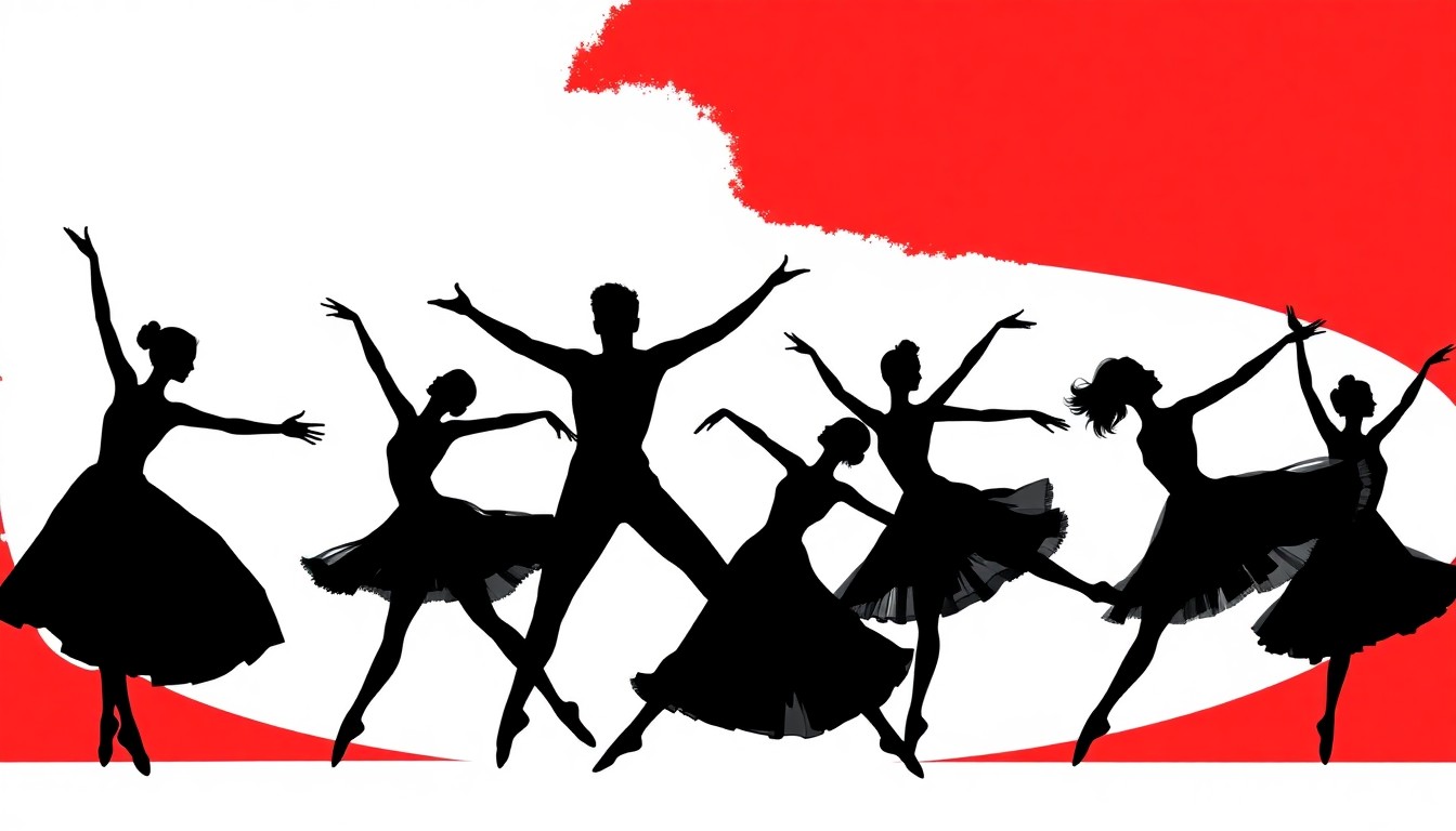 An abstract, minimalist illustration using bold black silhouettes and high-contrast colors to represent the graceful movements of ballet dancers performing Swan Lake.