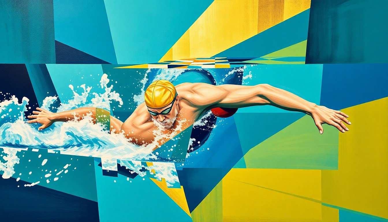 A cubist-style painting depicting a swimmer's breaststroke motion broken down into sharp, overlapping geometric shapes in a vibrant color palette, capturing the raw energy and skill of the sport.