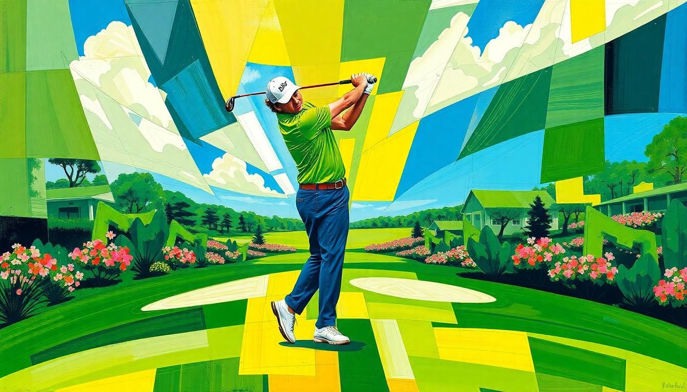 A cubist, geometric painting depicting the fractured, multi-perspective movements of a golfer's swing, with vibrant colors of green, blue, and gold representing the lush fairways and azaleas of Augusta National.