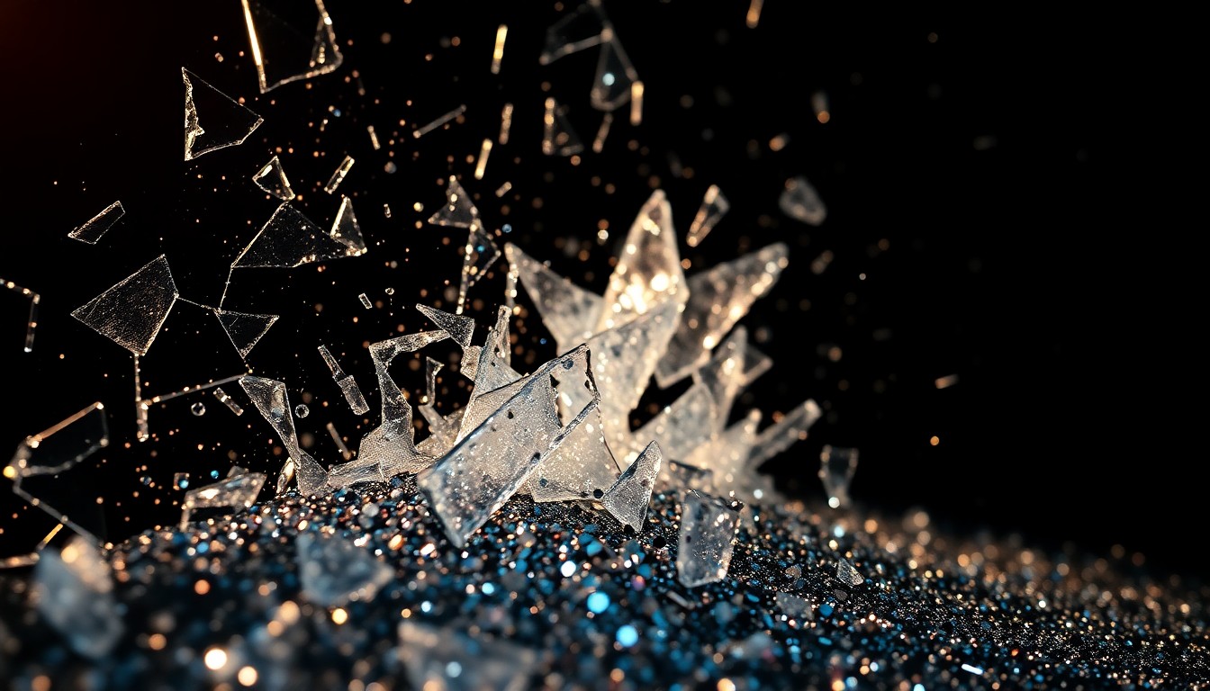 An abstract close-up image featuring shattered glass and glittering sequins, captured in dramatic, high-contrast studio lighting to conceptually represent the contrast between the allure of fame and the pursuit of personal growth.