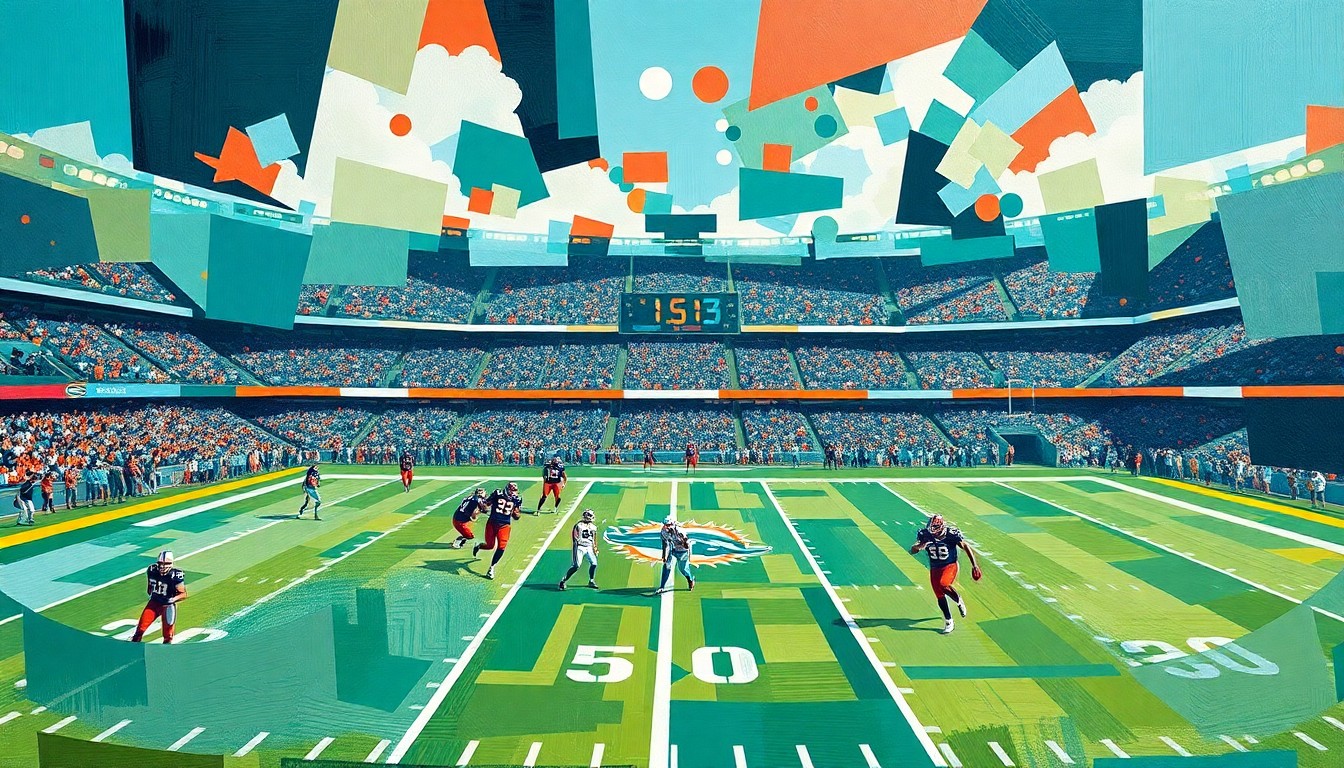 A cubist, geometric painting depicting a fragmented, multi-angled view of a Miami Dolphins football game, capturing the dynamic and ever-changing nature of the team's roster.