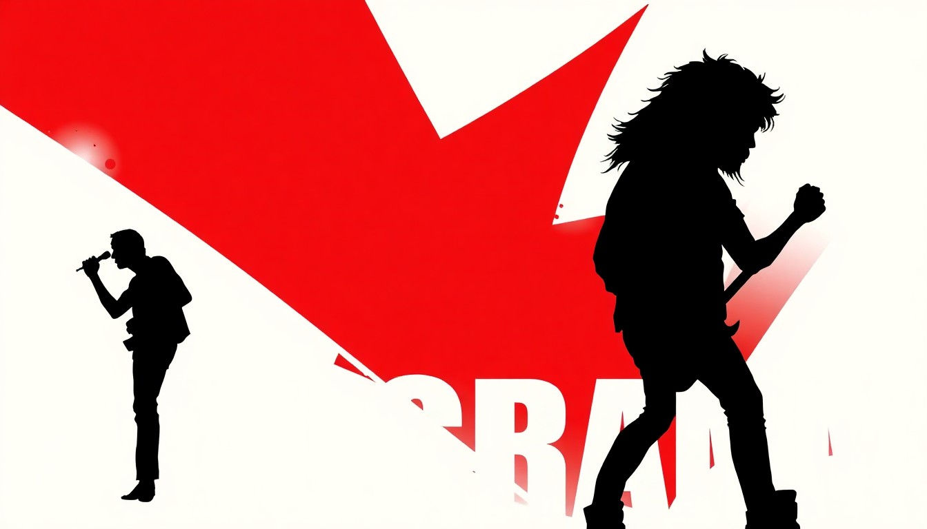 An abstract, minimalist illustration featuring stark, jagged silhouettes in bold red, black, and white shapes, conceptually representing the musical legacy of classic rock singer Lou Gramm.