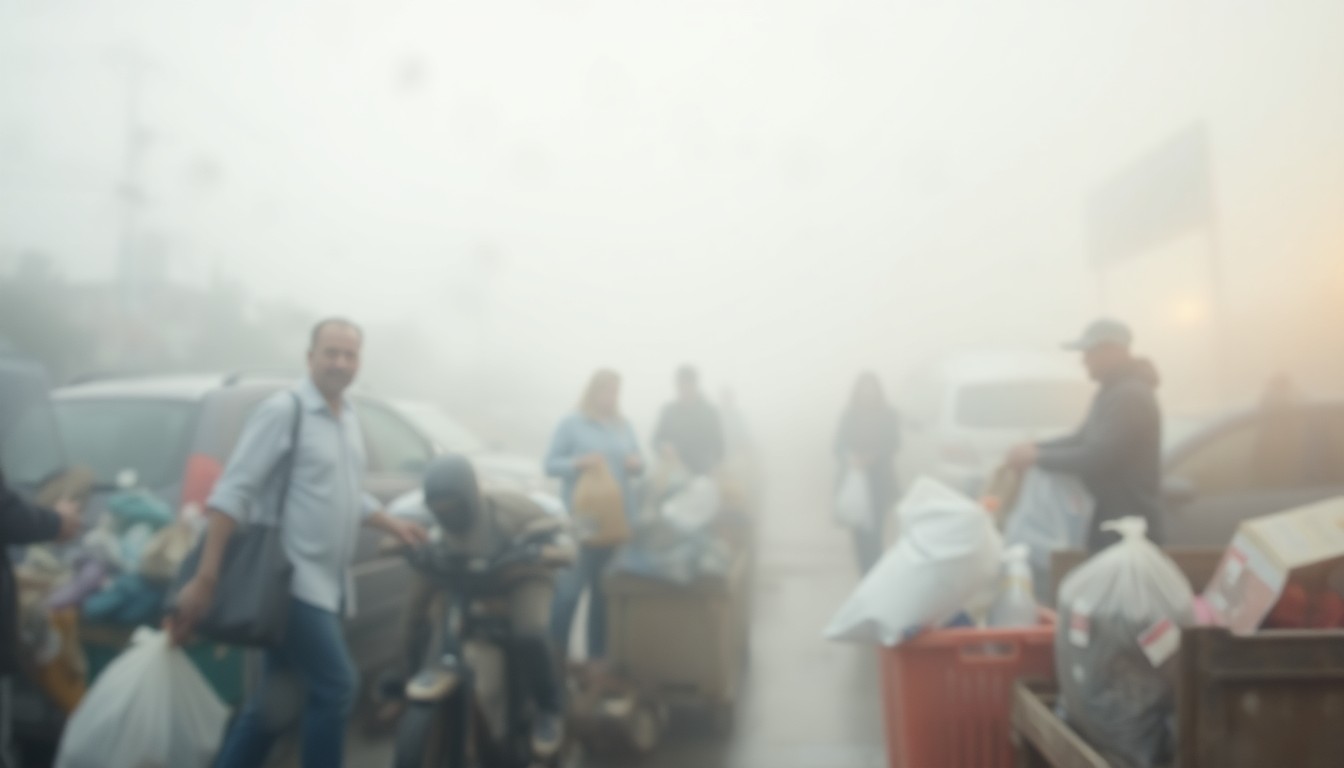 An abstract, impressionistic scene of blurred, warm-toned shapes and pools of light, conceptually representing the safe disposal of household items and waste at a community recycling center.