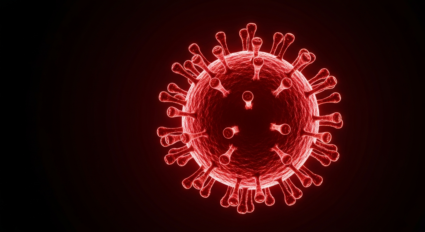A minimalist design in the style of Keith Haring where a measles virus particle is defined entirely by glowing, vibrant neon lines against a deep, dark background, emphasizing the shape and electricity of the virus.