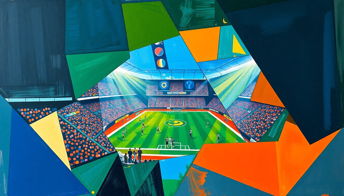A fractured, cubist-style painting depicting a football game, with sharp geometric shapes and planes in vibrant colors like navy blue, forest green, and burnt orange, capturing the dynamic and unpredictable nature of the upcoming NFL playoffs.