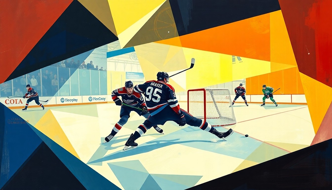 A cubist, geometric painting depicting a hockey player scoring a goal, with the player's form fractured and deconstructed into overlapping planes of color and shape.