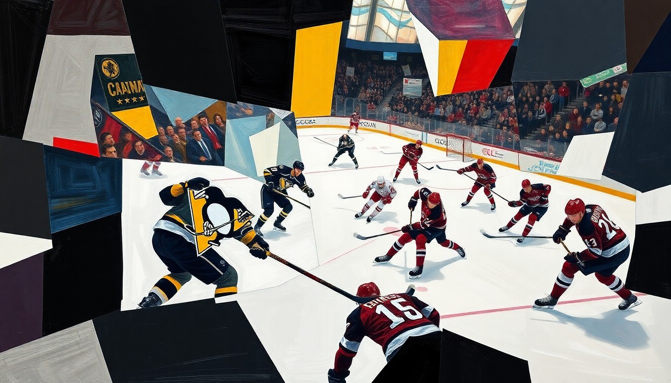A cubist, geometric painting depicting the energy and movement of a hockey game, with players' forms broken down into overlapping planes of color and shape.