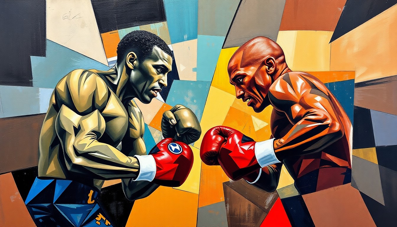 A cubist, geometric painting depicting the action and intensity of a boxing match between two undefeated fighters, with sharp, overlapping planes of color and form.
