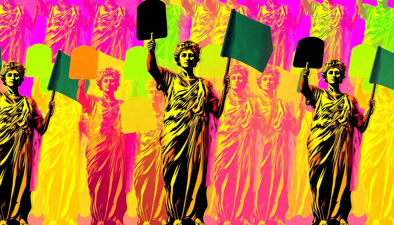A bold, colorful silkscreen-style illustration depicting a bronze statue of a woman holding a shovel and a banner, representing the pioneering spirit and civic leadership of Rebecca Mitchell in Idaho Falls.