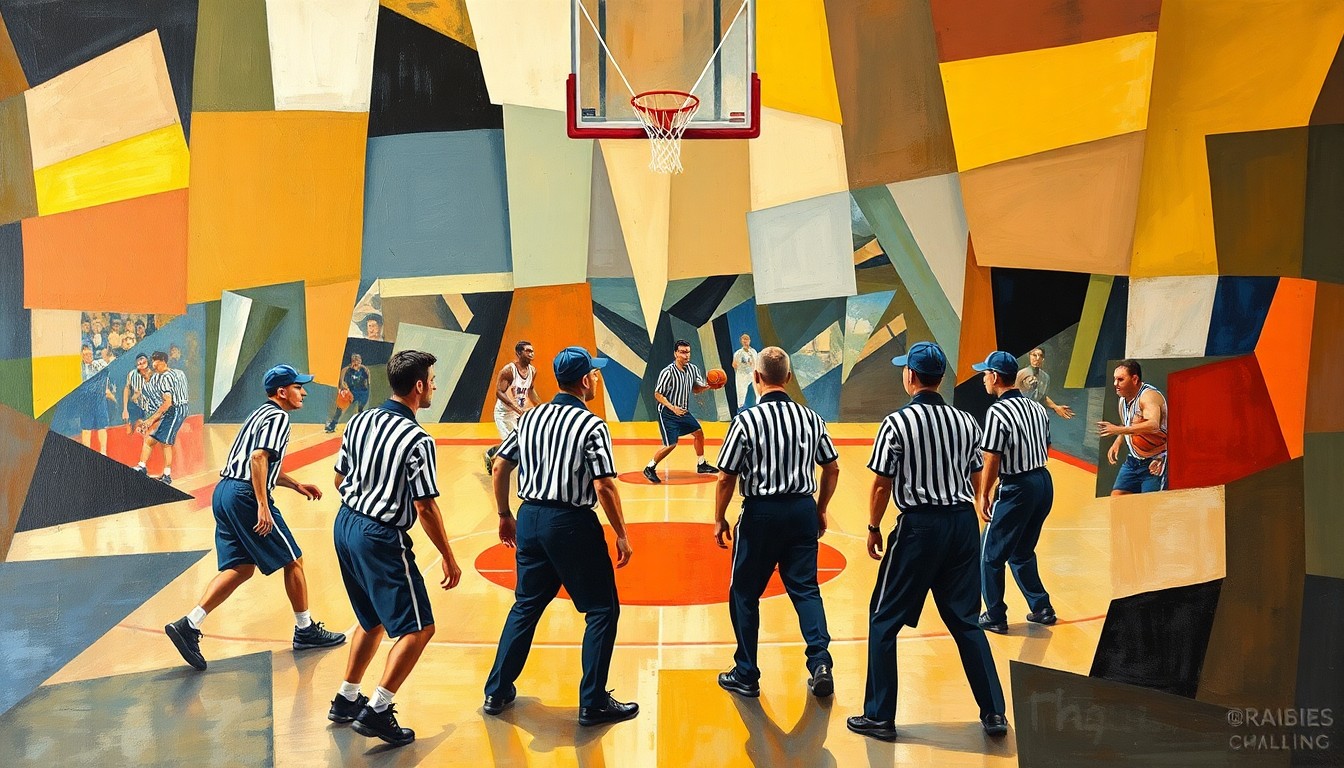A cubist, geometric painting depicting a fragmented basketball game, with players and referees represented as abstract, overlapping shapes and planes, conveying the complex, shifting perspectives involved in sports officiating.