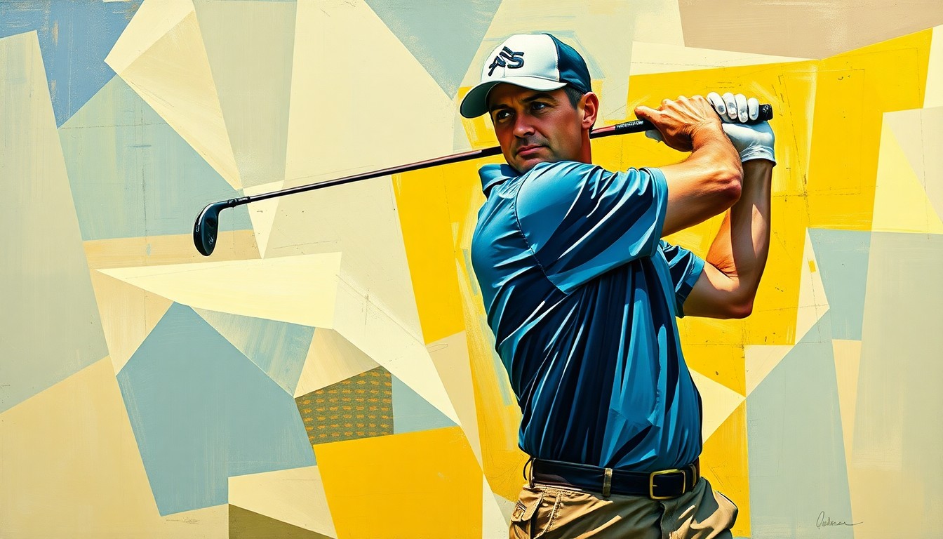 A fragmented, geometric painting depicting the motion and power of a golfer's swing, with the player's face obscured and the focus on the dynamic movement of the game.