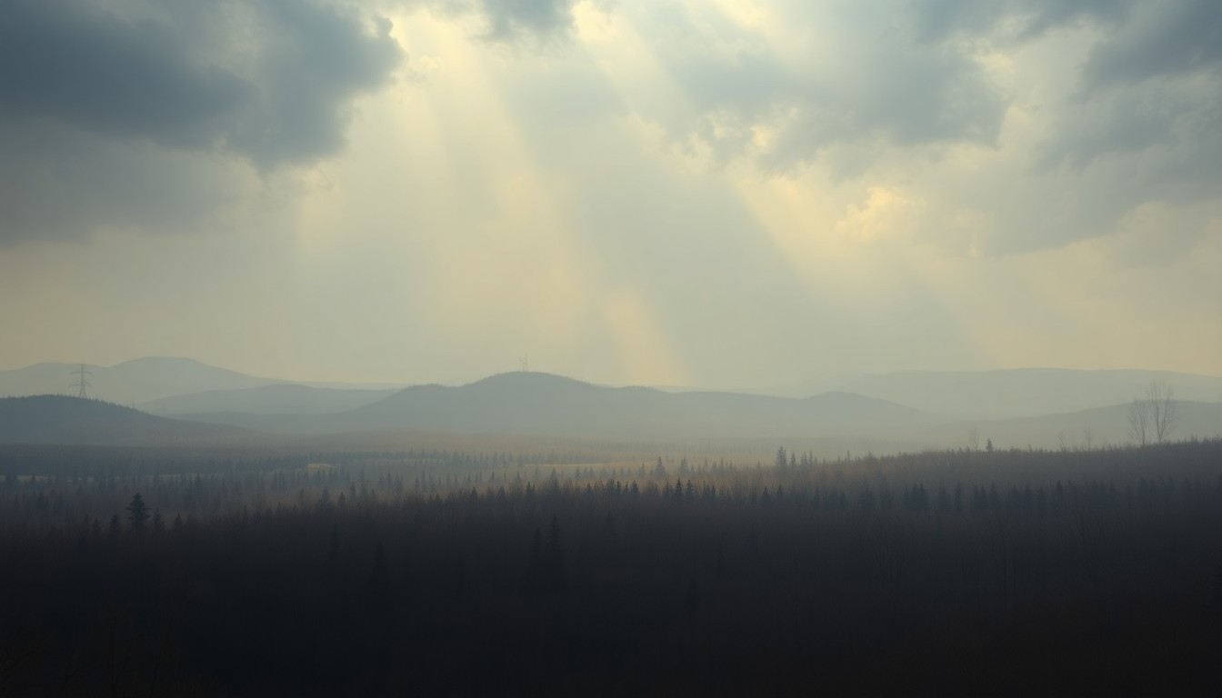 A vast, atmospheric landscape painting depicting a hazy, dry forest scene under an ominous stormy sky, with only the faintest silhouettes of trees and structures visible in the distance, conveying the overwhelming, sublime scale of the natural world.