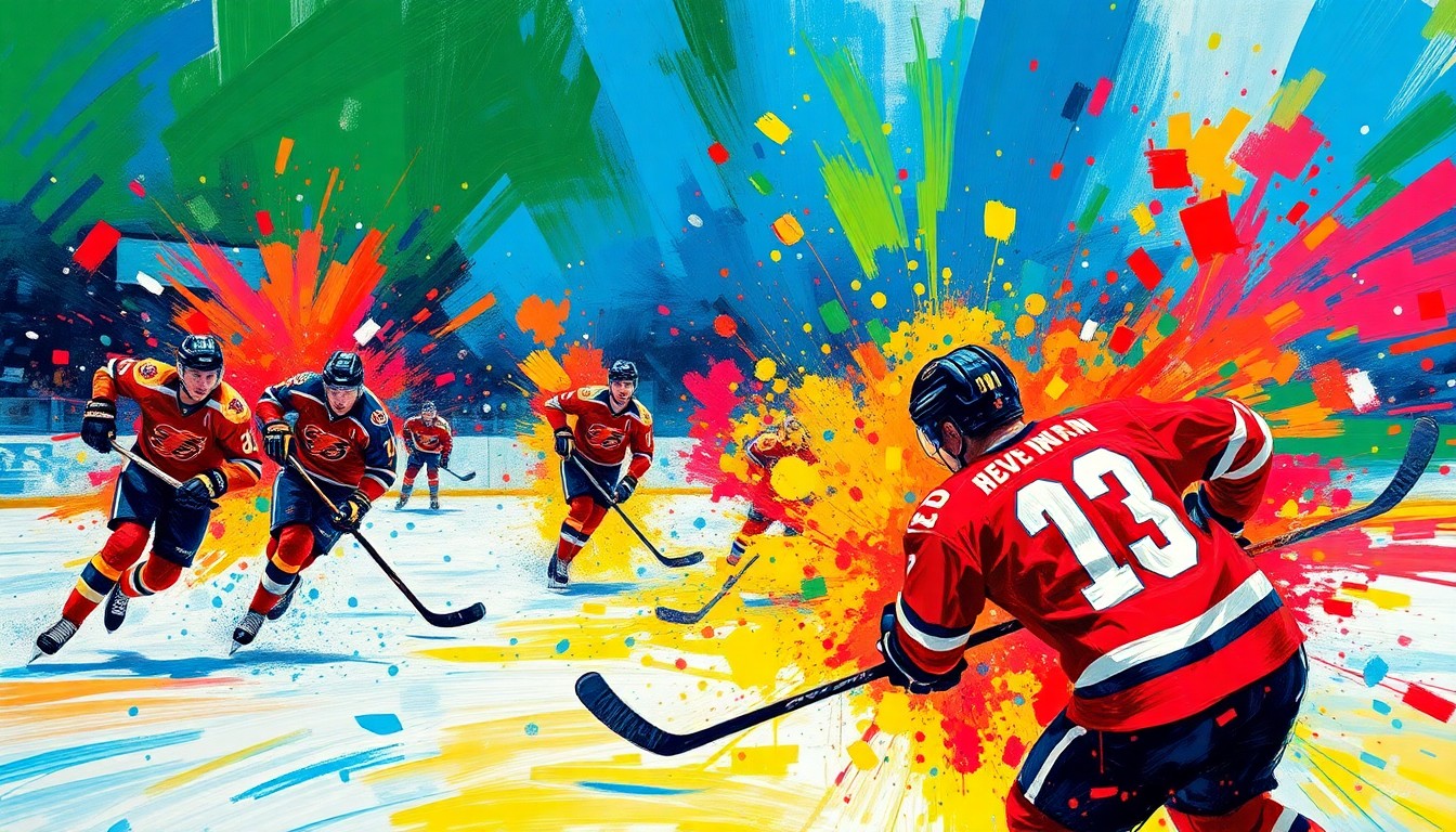 An abstract, energetic painting in neon colors depicting the fast-paced action of a hockey game, with players' forms blending into the vibrant brushstrokes.