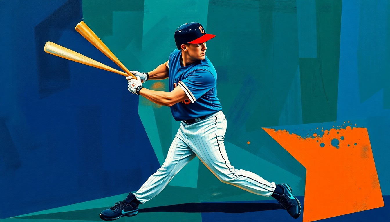 A cubist, geometric painting depicting Chandler Simpson's batting stance and swing broken down into sharp, overlapping planes of navy, green, and orange, capturing the unique, old-school style of the Rays outfielder.