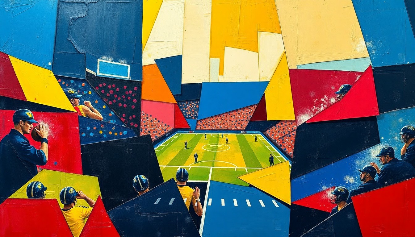 A cubist, geometric painting depicting a fragmented football game, with sharp planes of navy, crimson, and gold colors representing the dynamic action of the sport.
