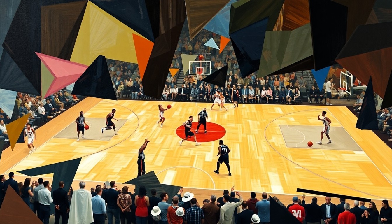 A cubist, geometric painting depicting a basketball game or match, with players and the court broken down into sharp, overlapping shapes and planes, capturing the intense energy and dynamism of the sport.