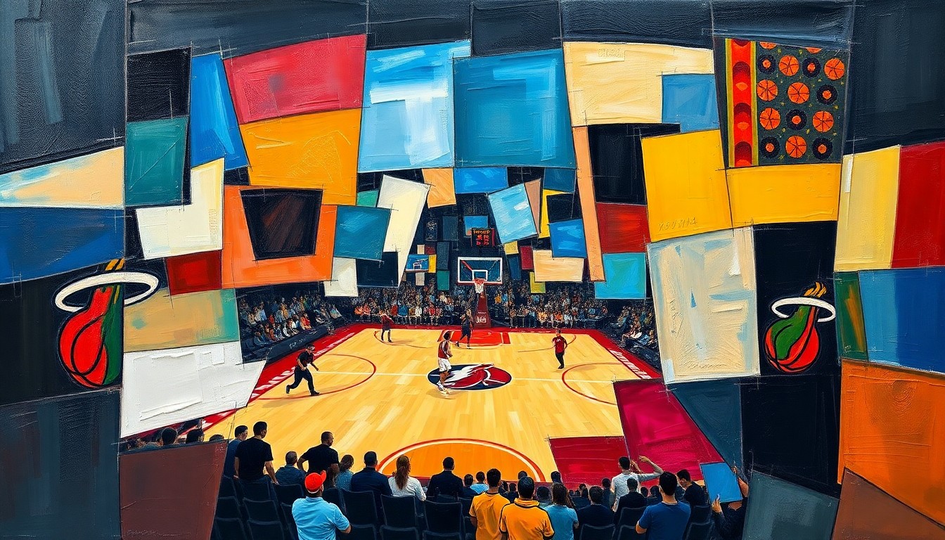 A cubist-style painting depicting a basketball game, with the players and court broken down into sharp, overlapping geometric shapes and planes, creating a dynamic and abstract visual representation of the sporting event.