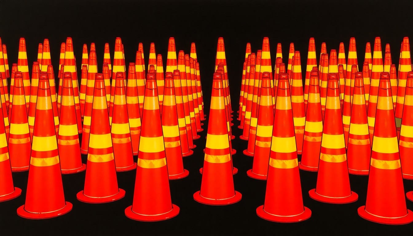 A brightly colored, high-contrast silkscreen print of multiple traffic cones in a grid pattern, representing the temporary lane closures on the reopened westbound I-10 in Beaumont.