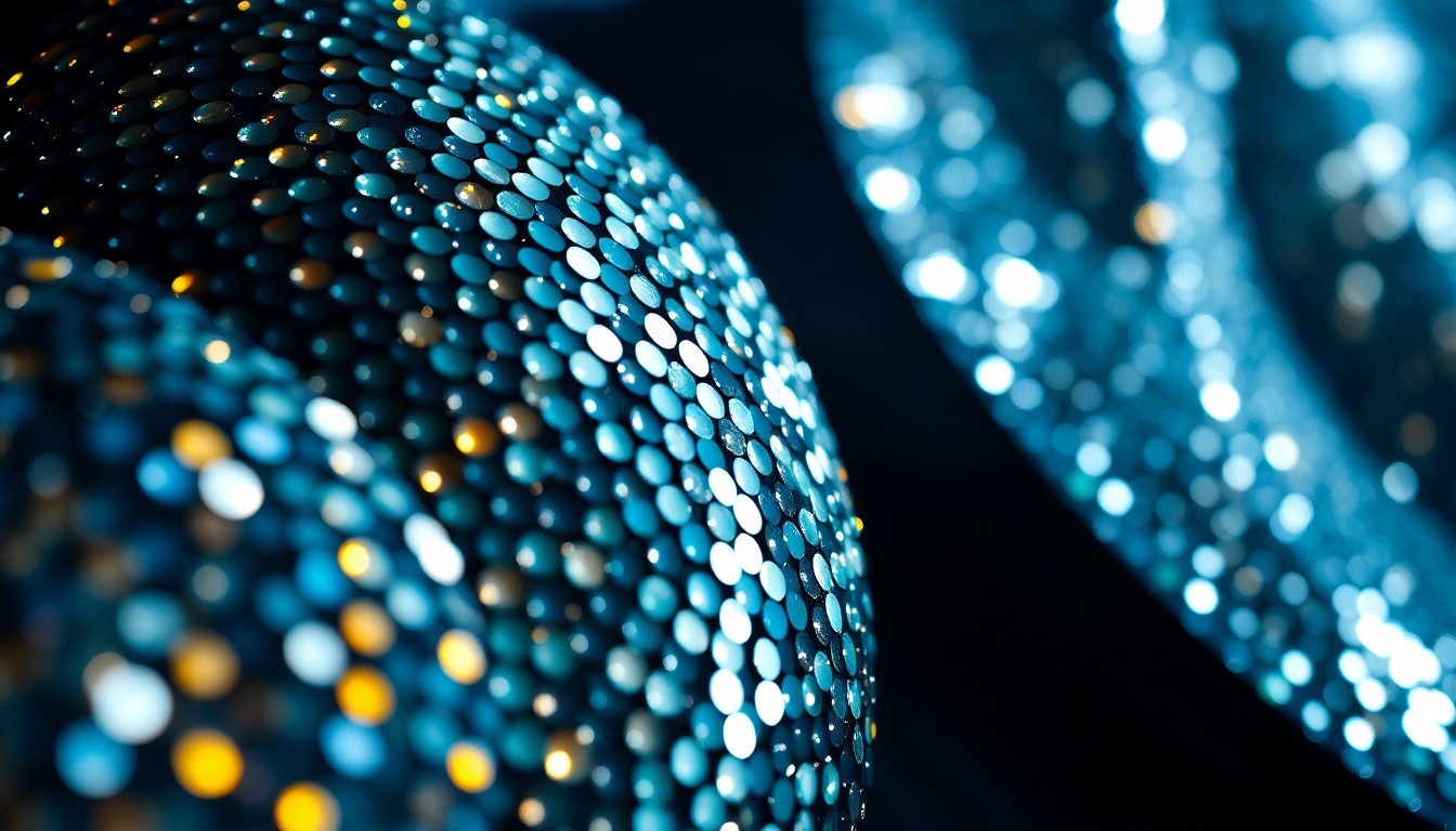 An extreme, abstract close-up photograph featuring a high-contrast composition of shimmering, glittering sequins and shattered disco glass, conveying the glamour and high-fashion aesthetic of celebrity culture.