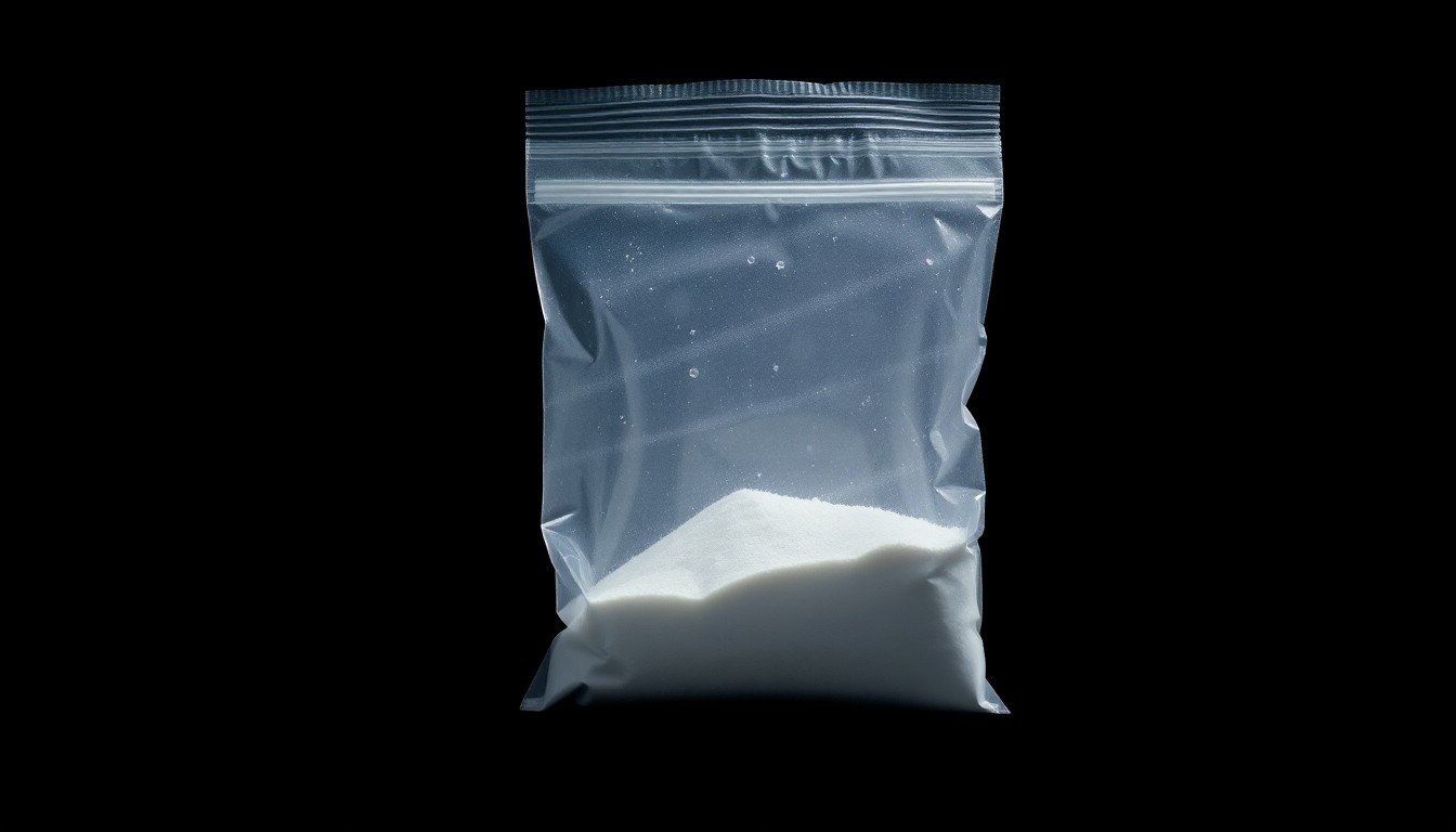 An extreme close-up photograph of a small plastic bag containing white powder, lit by a harsh, direct camera flash against a pitch-black background, conceptually illustrating the evidence seized in a drug-related crime.