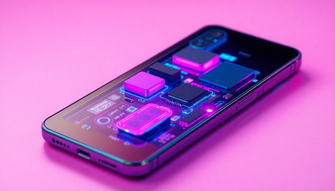 A close-up, highly detailed illustration of the internal components of a Redmi Note 15 Pro+ smartphone, with the phone's frame, circuits, and other parts glowing with vibrant neon cyan and magenta lights, conveying the device's durable and high-tech construction.