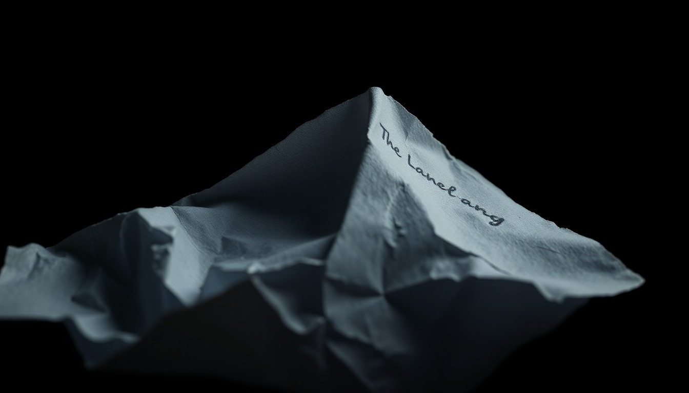 An extreme close-up photograph of a crumpled piece of paper with a faint handwritten note, lit by a harsh, direct camera flash against a pitch-black background, conceptually representing the gritty details of a domestic violence investigation.