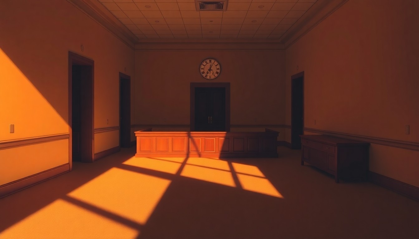 A dimly lit, cinematic painting of an empty government office space, with warm sunlight streaming in through the windows and deep shadows casting a melancholic mood, conceptually representing the erosion of democratic norms and the public's right to historical records.