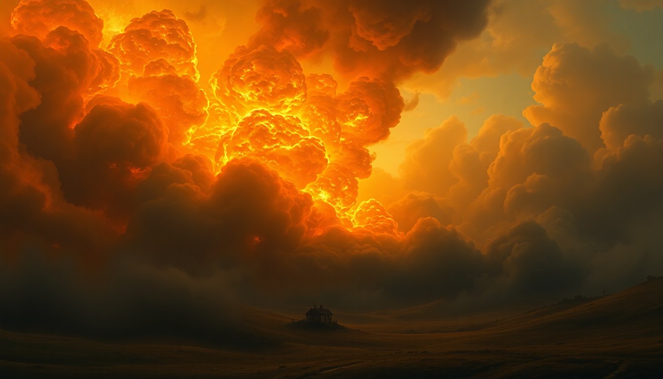 A sweeping, atmospheric landscape painting in muted tones of gray, brown, and orange, depicting a small house engulfed in flames in the distance, with thick smoke obscuring the surrounding countryside. The scene conveys the overwhelming power of the natural elements and the fragility of human structures in the face of disaster.