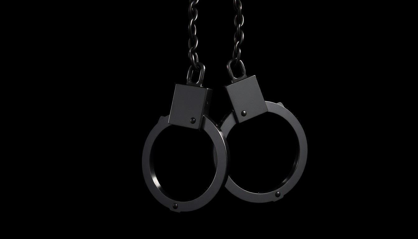 An extreme close-up photograph of a pair of handcuffs against a pitch-black background, creating a stark, gritty, investigative aesthetic through the use of harsh, direct flash lighting.