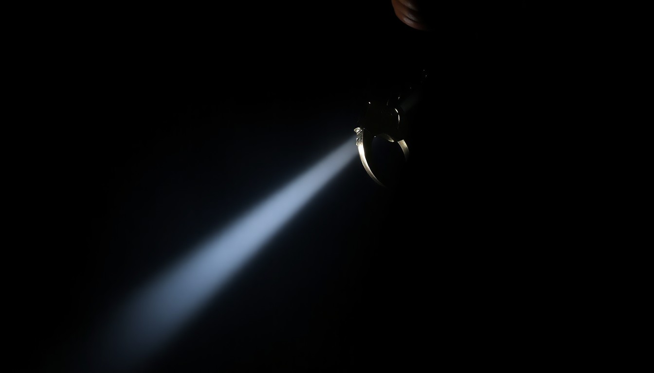 An extreme close-up photograph of a handcuff or other law enforcement restraint device, lit by a harsh, direct camera flash against a pitch-black background, creating a stark, gritty, investigative aesthetic.