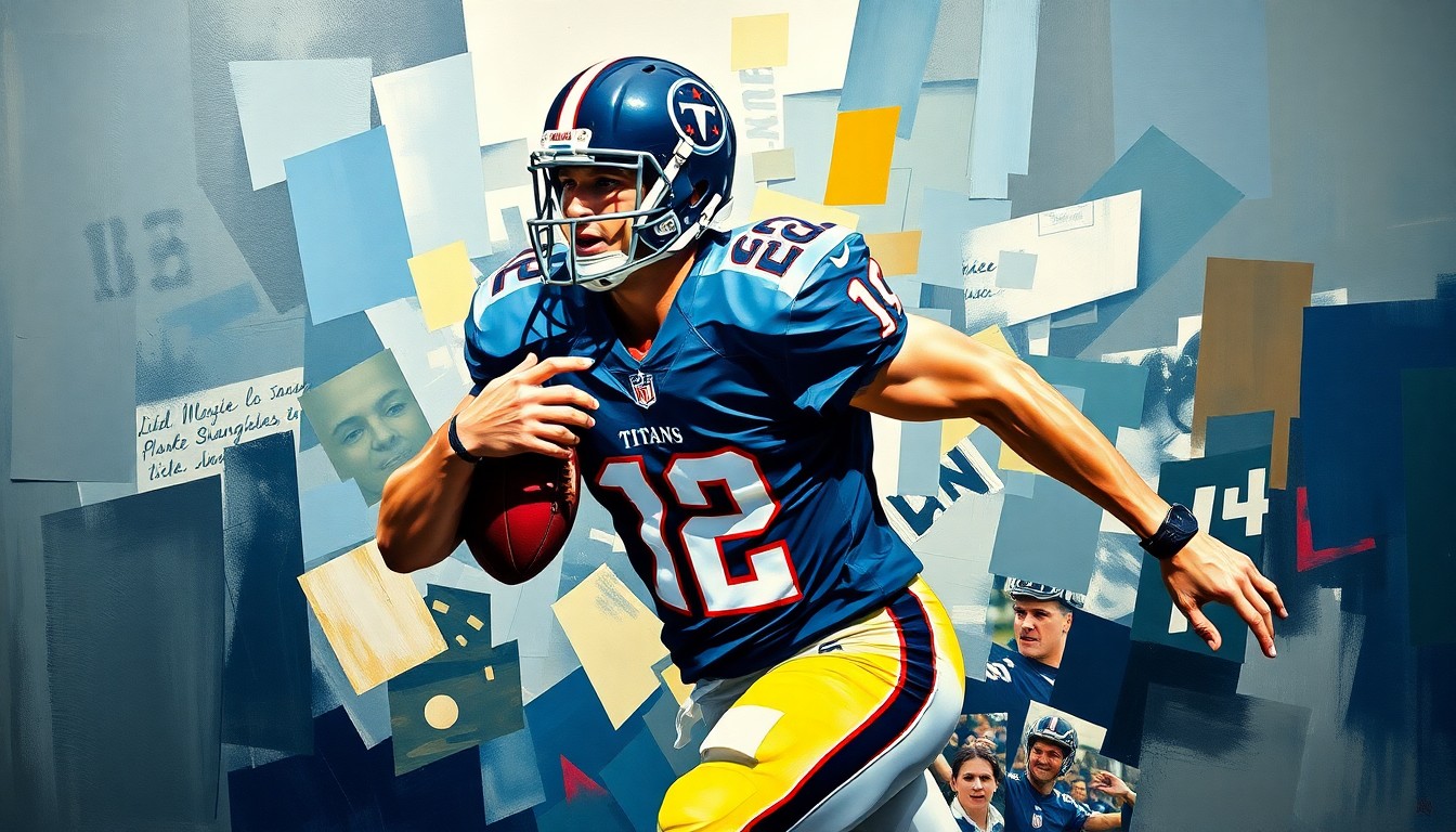 A fractured, geometric painting depicting a football player in motion, with sharp, overlapping planes in the Titans' team colors, conceptually representing the determination and resilience of a player recovering from injury.