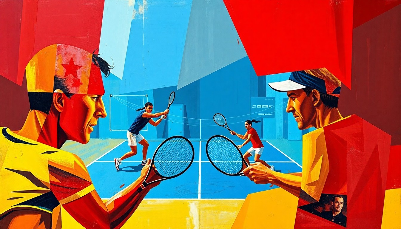 A fractured, cubist-style painting depicting the action and energy of a doubles tennis match, with sharp, overlapping geometric shapes in vibrant colors representing the strategic partnership and teamwork of the players.