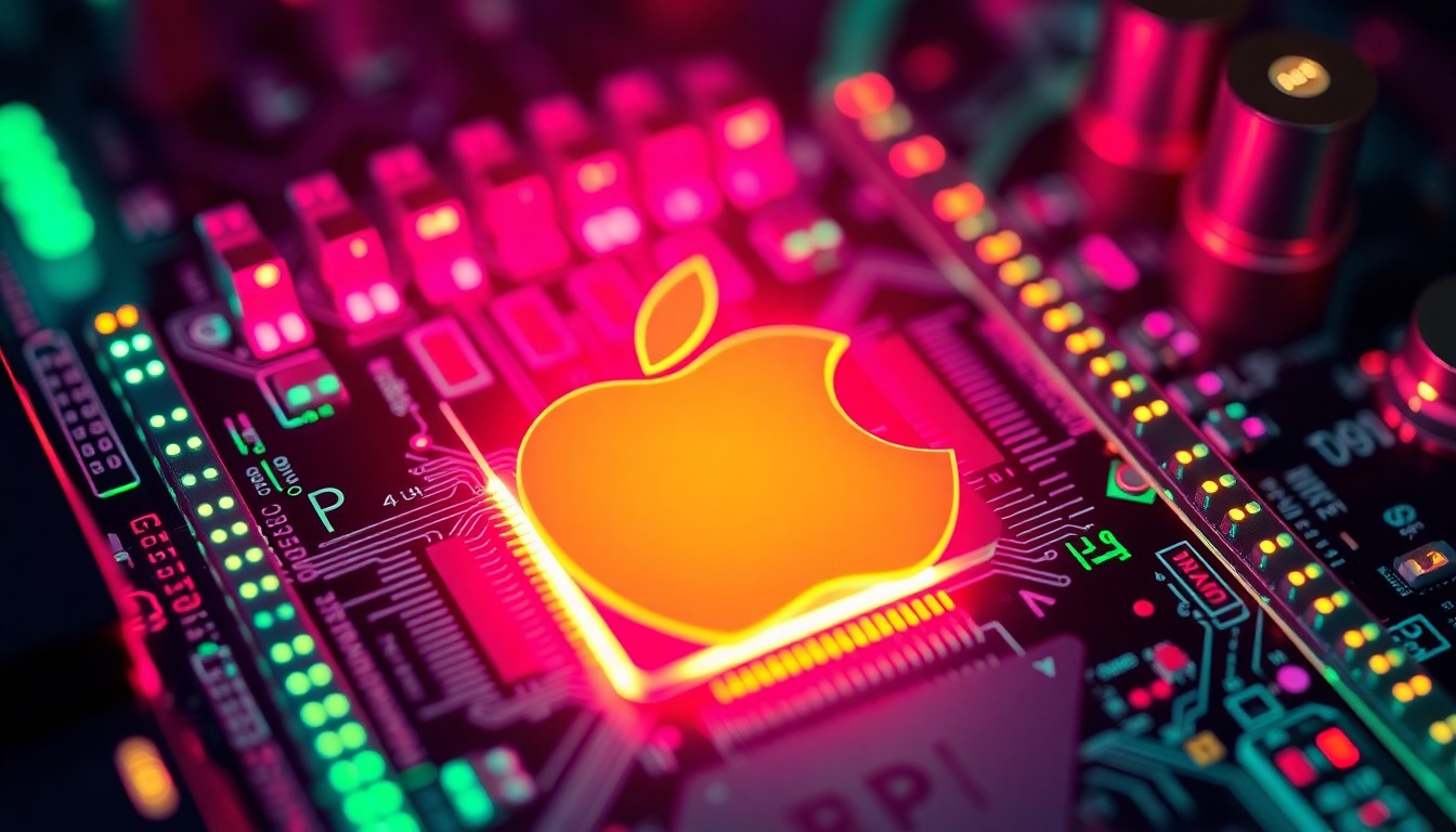 A close-up, highly detailed 3D illustration of a damaged Apple device component, such as a circuit board or processor, illuminated by vibrant neon cyan and magenta lights, conceptually representing the impact of a critical software vulnerability.