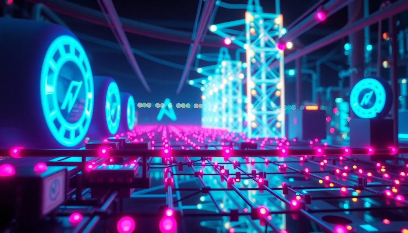 A highly detailed, luminous 3D illustration of glowing cybernetic hardware and infrastructure, representing the digital backbone of the global energy system in a time of disruption and transition.