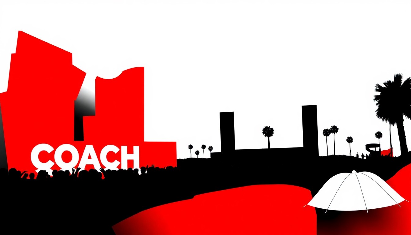 A striking abstract composition of jagged geometric shapes in bold red and white, conceptually representing the energy and diversity of the Coachella music festival.