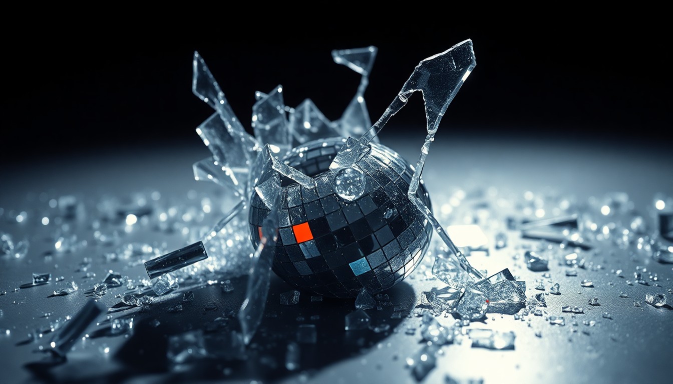 An extreme close-up of shattered, glittering glass reflecting dramatic studio lighting, conceptually representing the fragility and ethical reckoning of past entertainment.