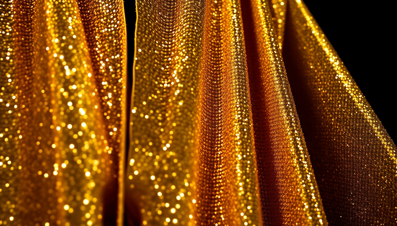 An extreme close-up photograph of a shimmering gold opera costume fabric, the material glittering under dramatic studio lighting, conceptually representing the opulent and theatrical nature of the upcoming concert program.