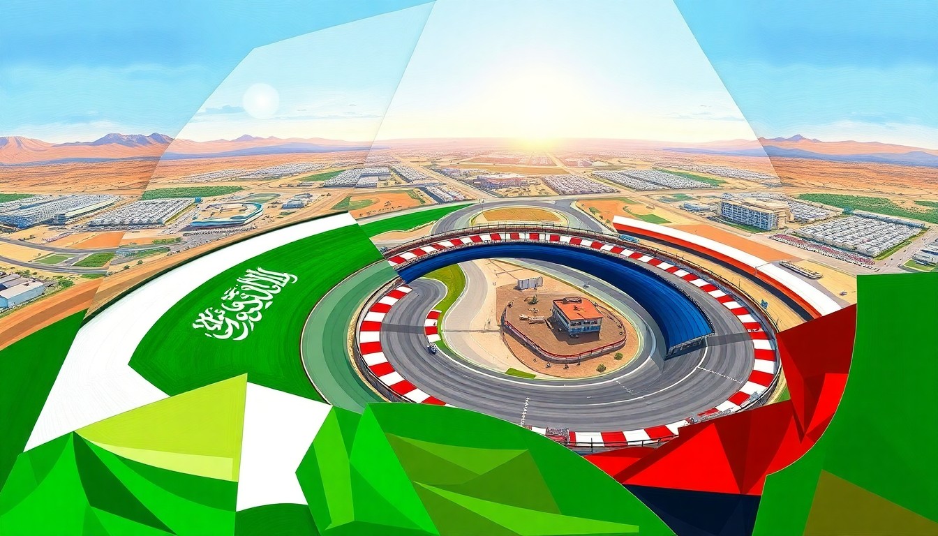 A cubist, geometric painting depicting the Qiddiya Speed Park Track's iconic 'Blade' first corner, with the track and surrounding cityscape broken down into sharp, overlapping planes of vibrant green, white, and red colors.