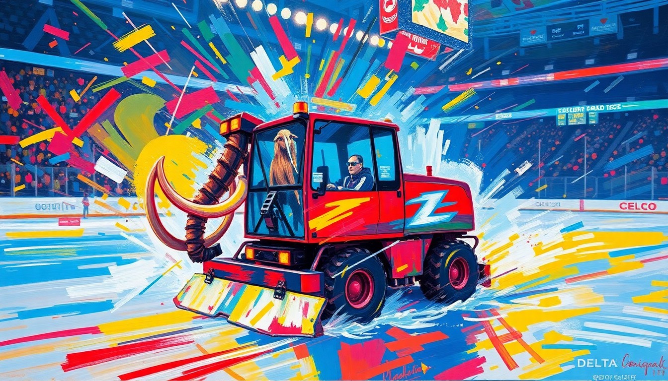 An extreme close-up of the geometric, neon-lit mammoth head of the Zammoth Zamboni, its towering tusks and glowing eyes conveying a sense of raw, prehistoric power and motion across the ice.