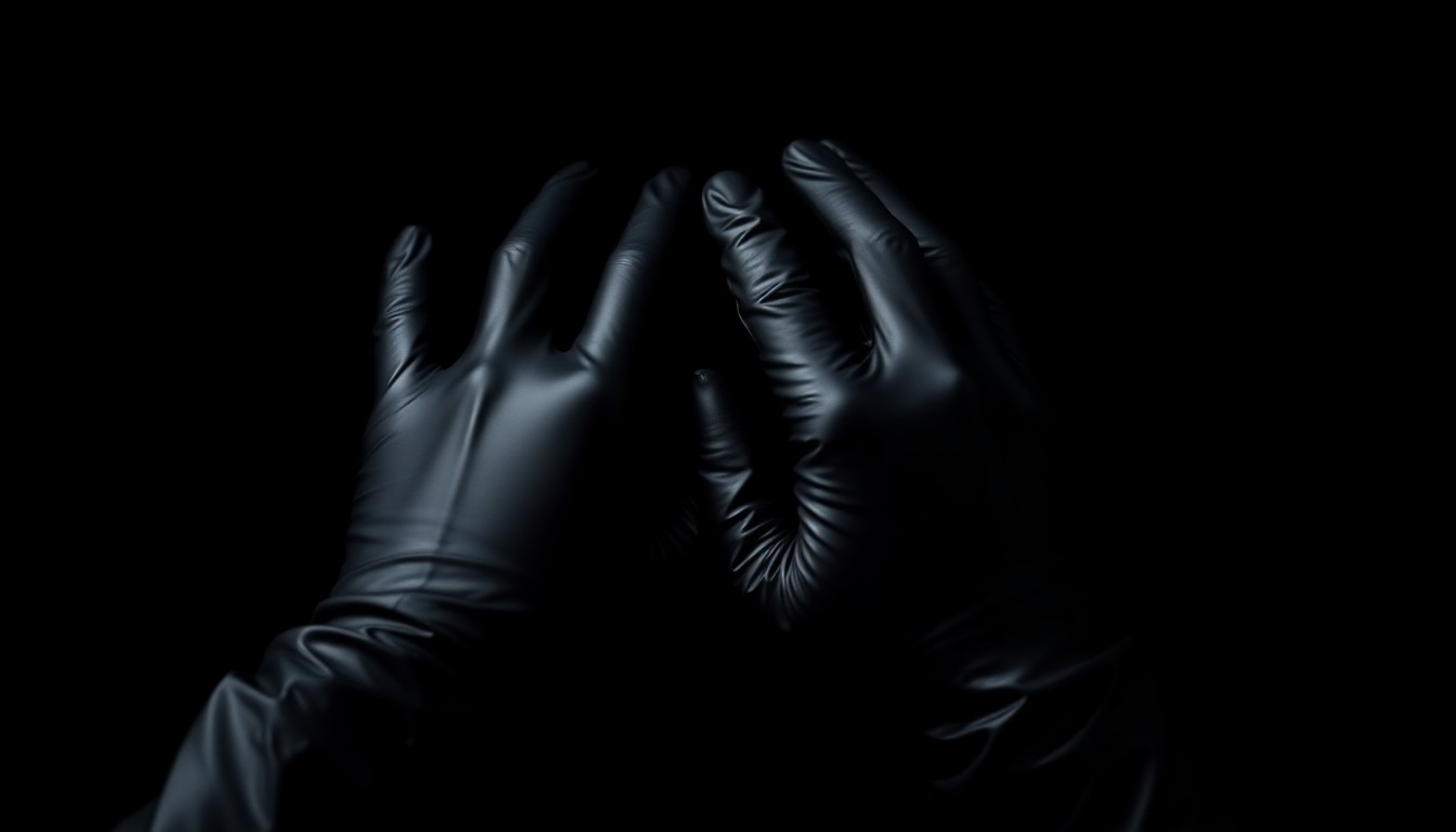 An extreme close-up photograph of a pair of black latex gloves against a pitch-black background, the harsh flash creating a stark, gritty, investigative aesthetic that conceptually represents the mystery surrounding the missing woman's disappearance.