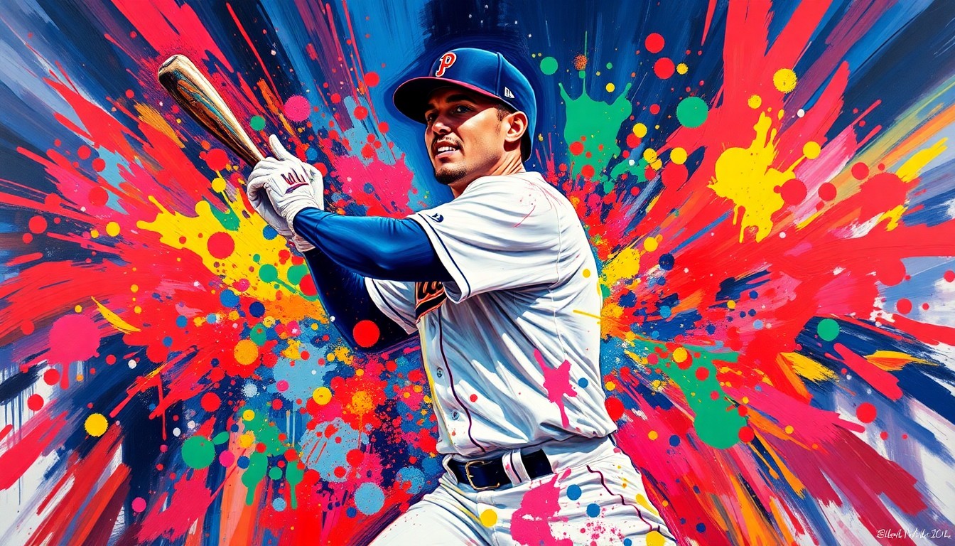 An abstract, expressionist painting in neon colors capturing the raw energy and emotion of a baseball player's debut, with the image dissolving into vibrant, unrecognizable splatters of paint.